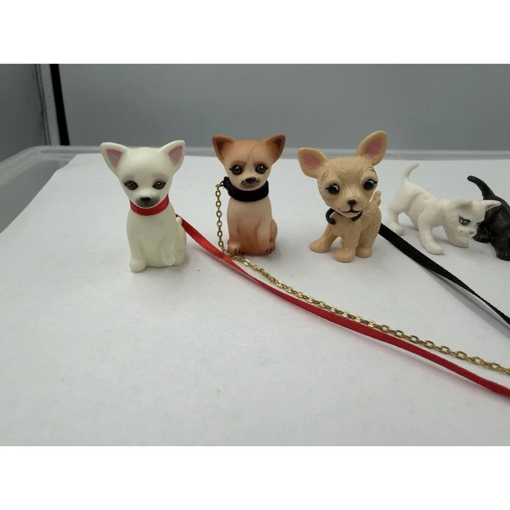Vintage Lot Of 5 Dogs & 2 Cats Dollhouse Miniature Dogs Puppy Kitty Tiny W/leash